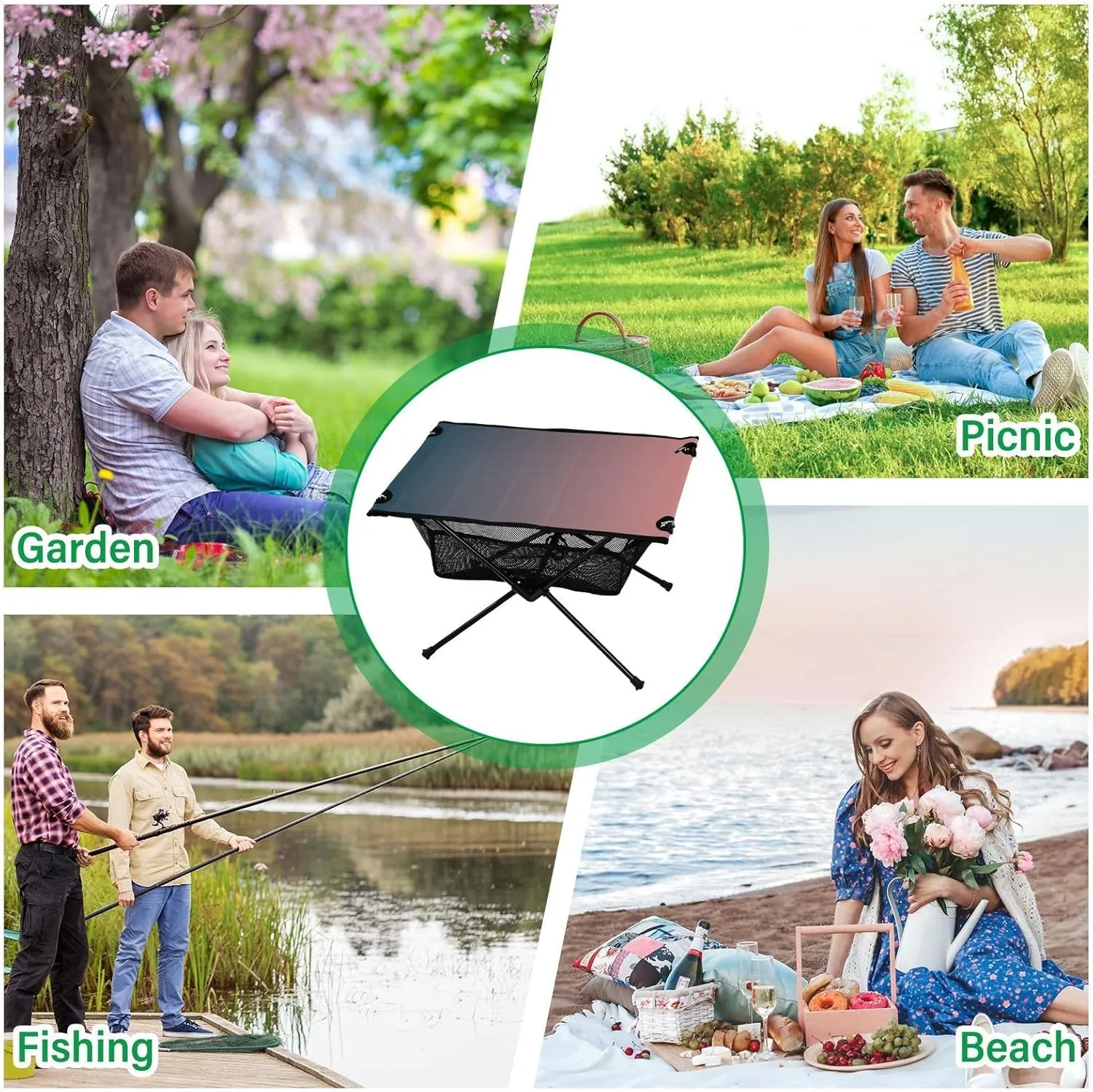 Emelivor Pink Blue Gradient Folding Camping Table Portable Beach Table with Carry Bag Small Card Table for Picnic Outdoor Fishing Camping Travel