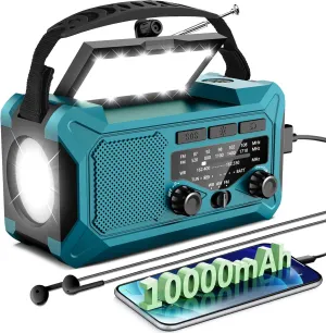 Emergency Hand Crank Weather Radio,Toolchums 10000mAh AM/FM/NOAA Solar Powered Radio with Phone Charger, USB Charged, LED Flashlight Reading Lamp Headphone Jack, SOS Alarm (Blue)