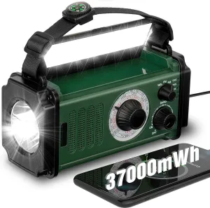 Emergency Radio,37000mWh Hand Crank Radio, Solar, NOAA/AM/FM Weather, 4 Charging Methods, Polymer Battery, Flashlight & Reading Lamp, SOS Alarm, Camping Compass,Outdoors Mobile Power Bank