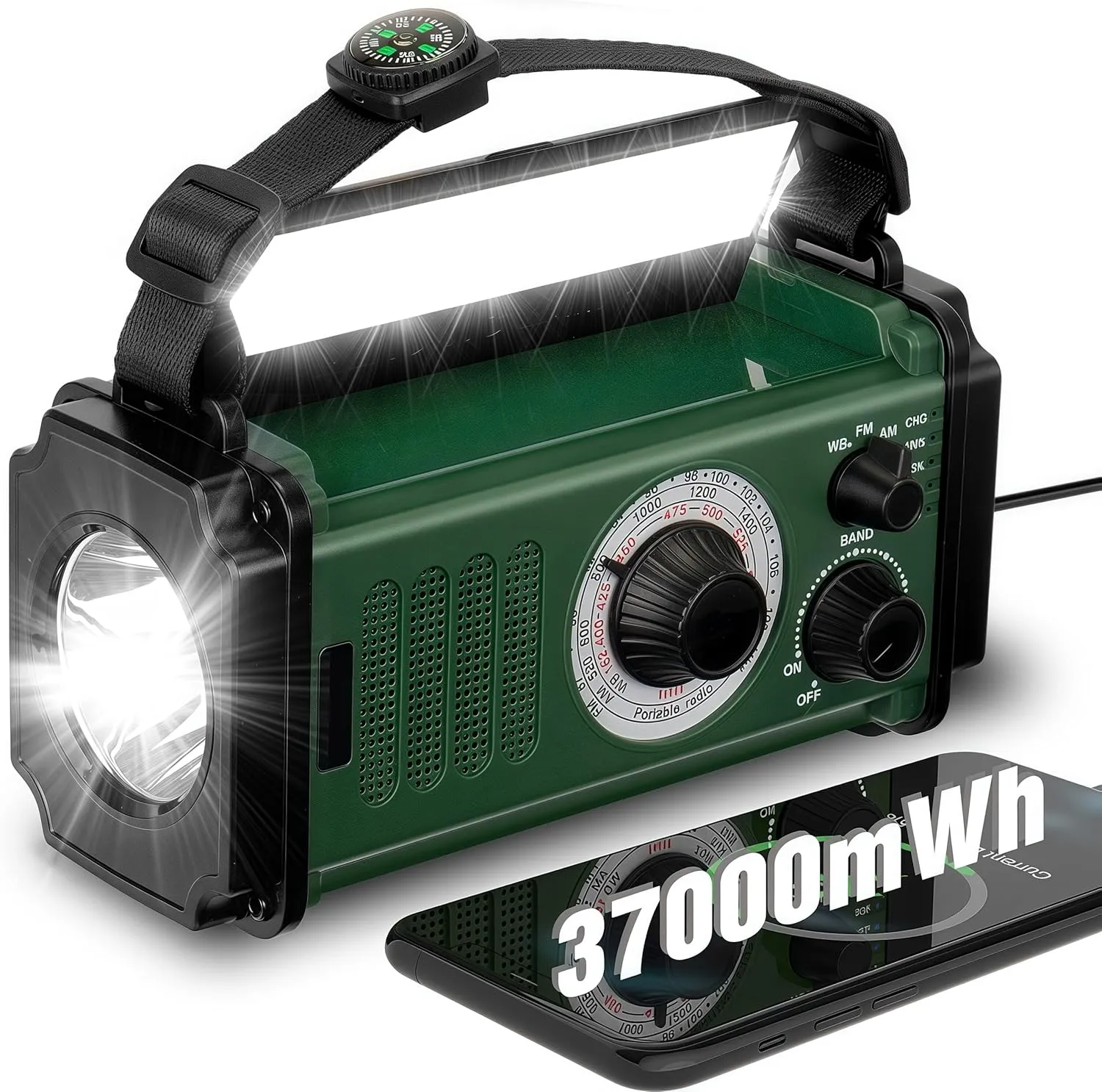 Emergency Radio,37000mWh Hand Crank Radio, Solar, NOAA/AM/FM Weather, 4 Charging Methods, Polymer Battery, Flashlight & Reading Lamp, SOS Alarm, Camping Compass,Outdoors Mobile Power Bank