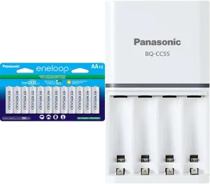 Eneloop Panasonic BK-3MCCA12FA AA 2100 Cycle Ni-MH Pre-Charged Rechargeable Batteries & BQ-CC55SBA Advanced Individual Battery 3 Hour Quick Charger with 4 LED Charge Indicator Lights, White