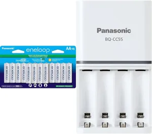 Eneloop Panasonic BK-3MCCA16FA AA 2100 Cycle Ni-MH Pre-Charged Rechargeable Batteries & BQ-CC55SBA Advanced Individual Battery 3 Hour Quick Charger with 4 LED Charge Indicator Lights, White