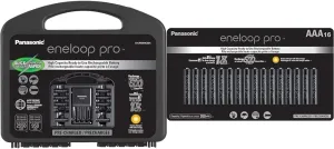 Eneloop Panasonic pro Rechargeable Battery Bundle with 6AA, 6AAA, 16AAA Batteries, Charger and Case