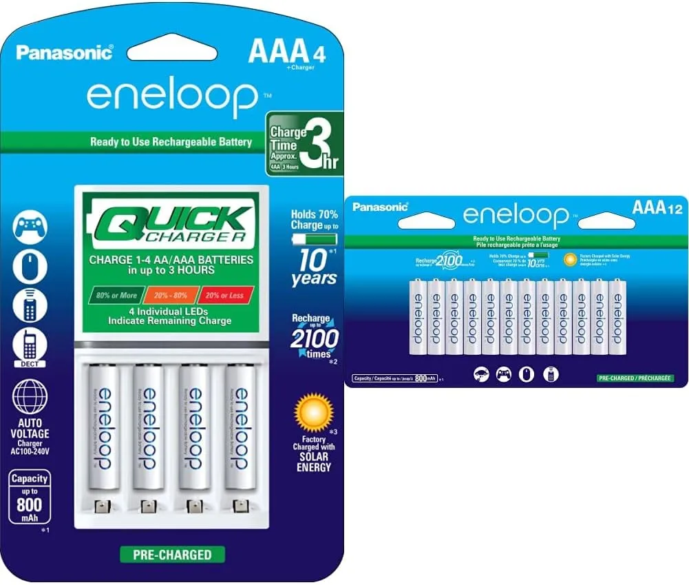 Eneloop Panasonic Rechargeable Battery Bundle with Advanced Individual 3 Hour Quick Charger (4 AAA Batteries)   12 AAA Batteries Pack