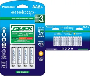 Eneloop Panasonic Rechargeable Battery Bundle with Advanced Individual 3 Hour Quick Charger (4 AAA Batteries)   12 AAA Batteries Pack