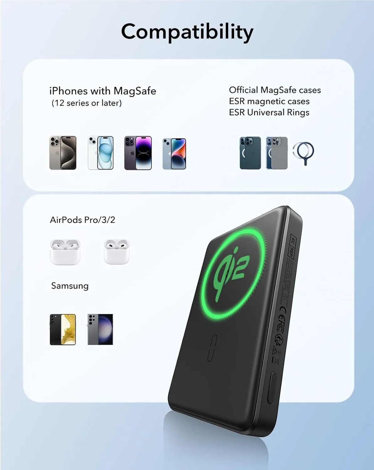 ESR for MagSafe Power Bank, Ultra-Compact 10,000mAh MagSafe Portable Charger, Qi2 Certified 15W Ultra-Fast Battery Pack, 27W USB-C MagSlim Charger with Cable for iPhone 16/15/14/13/12, Black