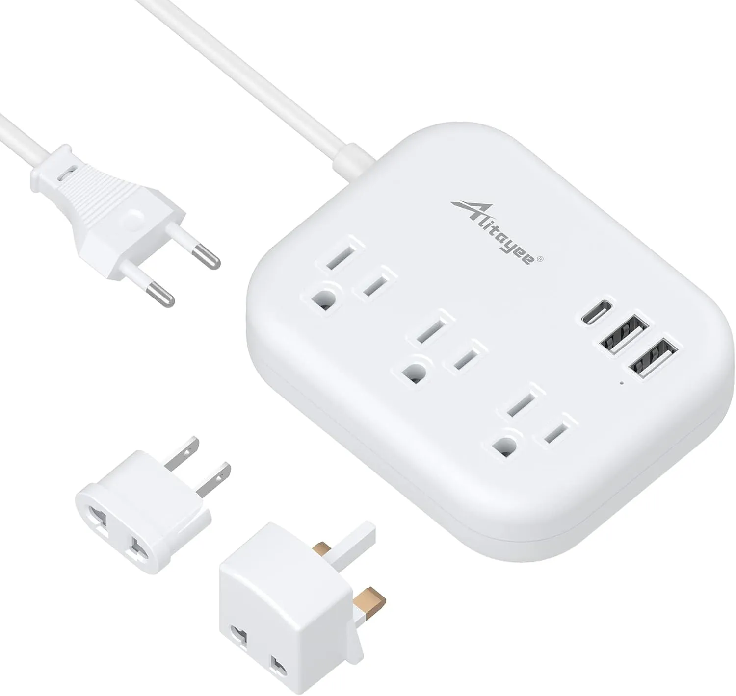 European Travel Plug Adapter, Alitayee EU/UK/US Travel Power Strip with 3 Outlets 3 USB Ports, International Universal Plug Adapter with 3ft Extension Cord to EU UK Italy Spain France Germany Cruise