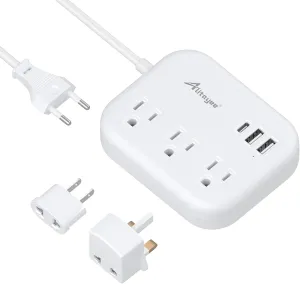 European Travel Plug Adapter, Alitayee EU/UK/US Travel Power Strip with 3 Outlets 3 USB Ports, International Universal Plug Adapter with 3ft Extension Cord to EU UK Italy Spain France Germany Cruise