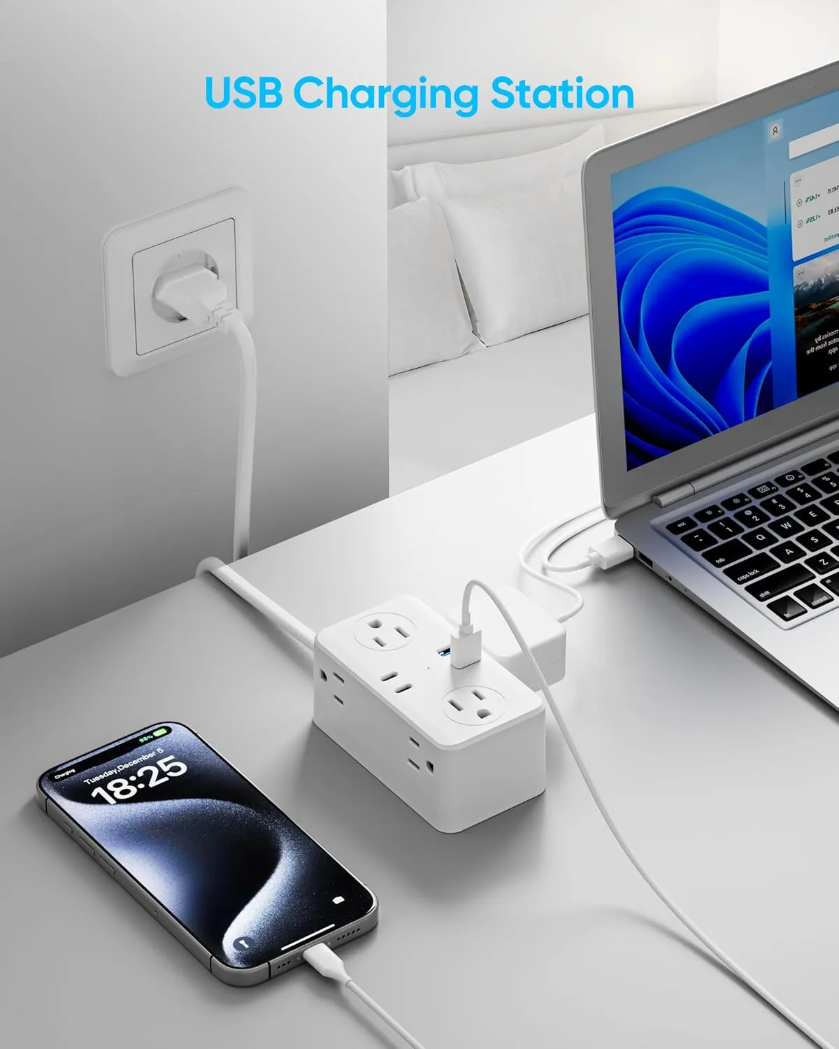European Travel Plug Adapter, EU/UK/US Travel Plug Adapter Power Strip, 6 AC Outlets, 4 USB Ports (2 USB C), 3ft Wrapped Around Extension Cord, Universal Travel Adapter