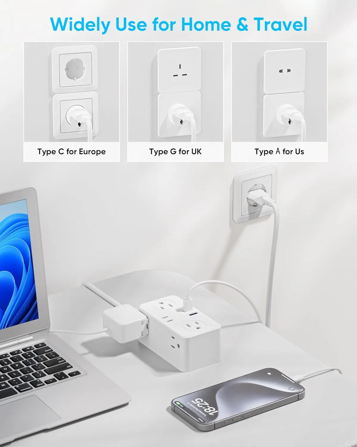European Travel Plug Adapter, EU/UK/US Travel Plug Adapter Power Strip, 6 AC Outlets, 4 USB Ports (2 USB C), 3ft Wrapped Around Extension Cord, Universal Travel Adapter