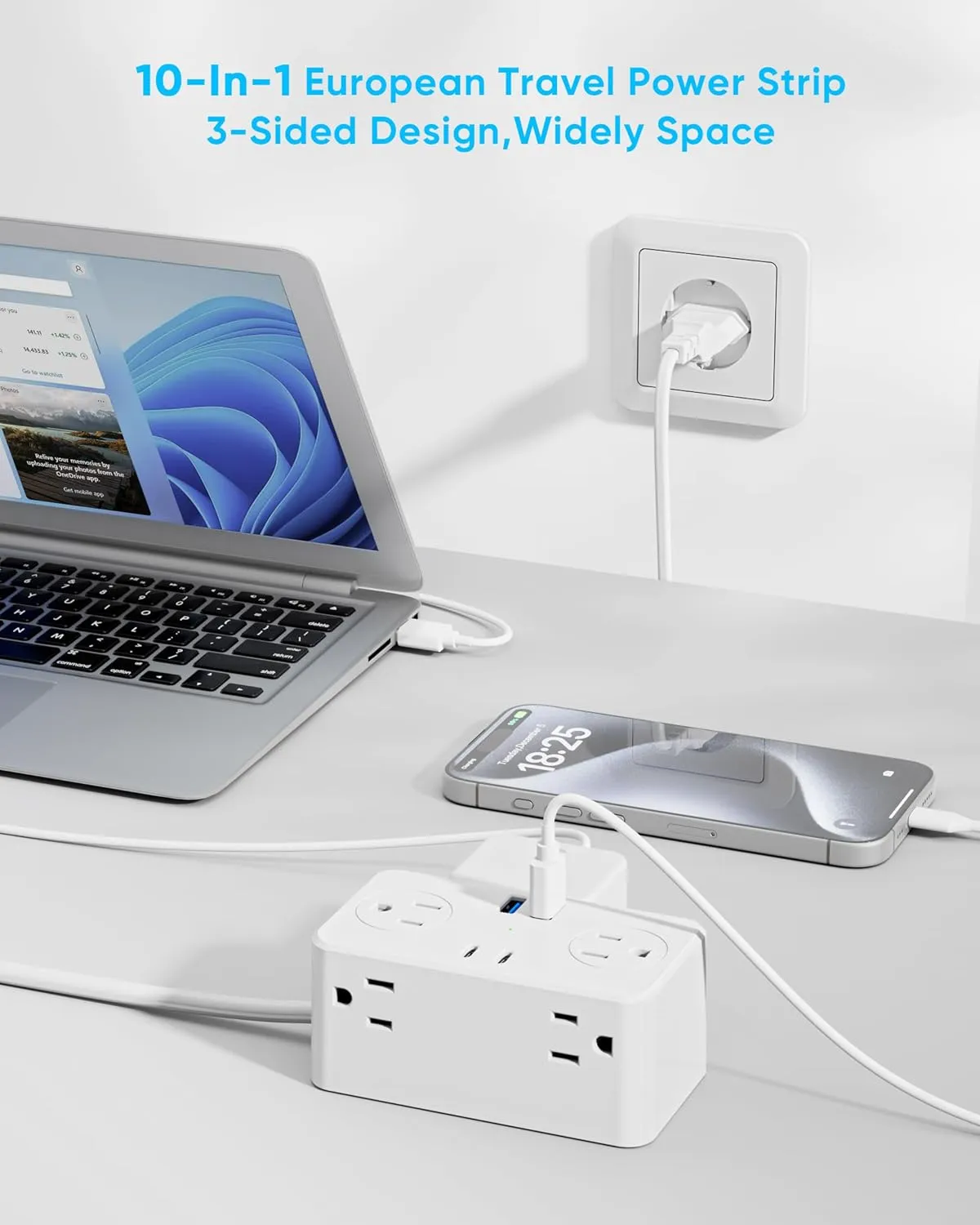 European Travel Plug Adapter, EU/UK/US Travel Plug Adapter Power Strip, 6 AC Outlets, 4 USB Ports (2 USB C), 3ft Wrapped Around Extension Cord, Universal Travel Adapter