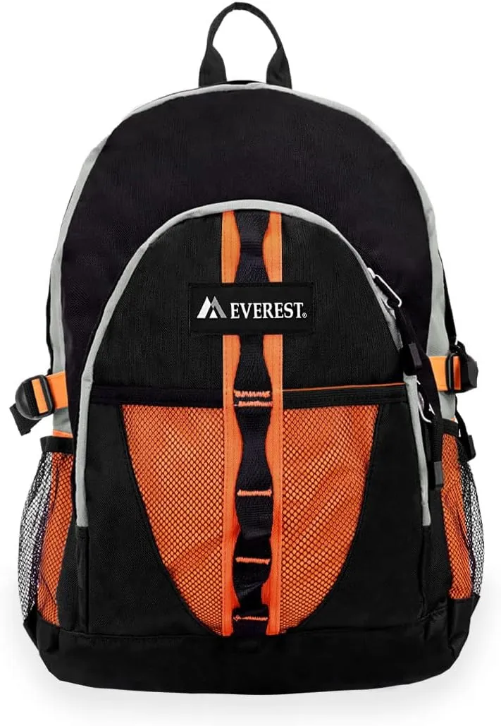 Everest Luggage Backpack with Dual Mesh Pocket, Orange/Gray/Black, Orange/Gray/Black, One Size