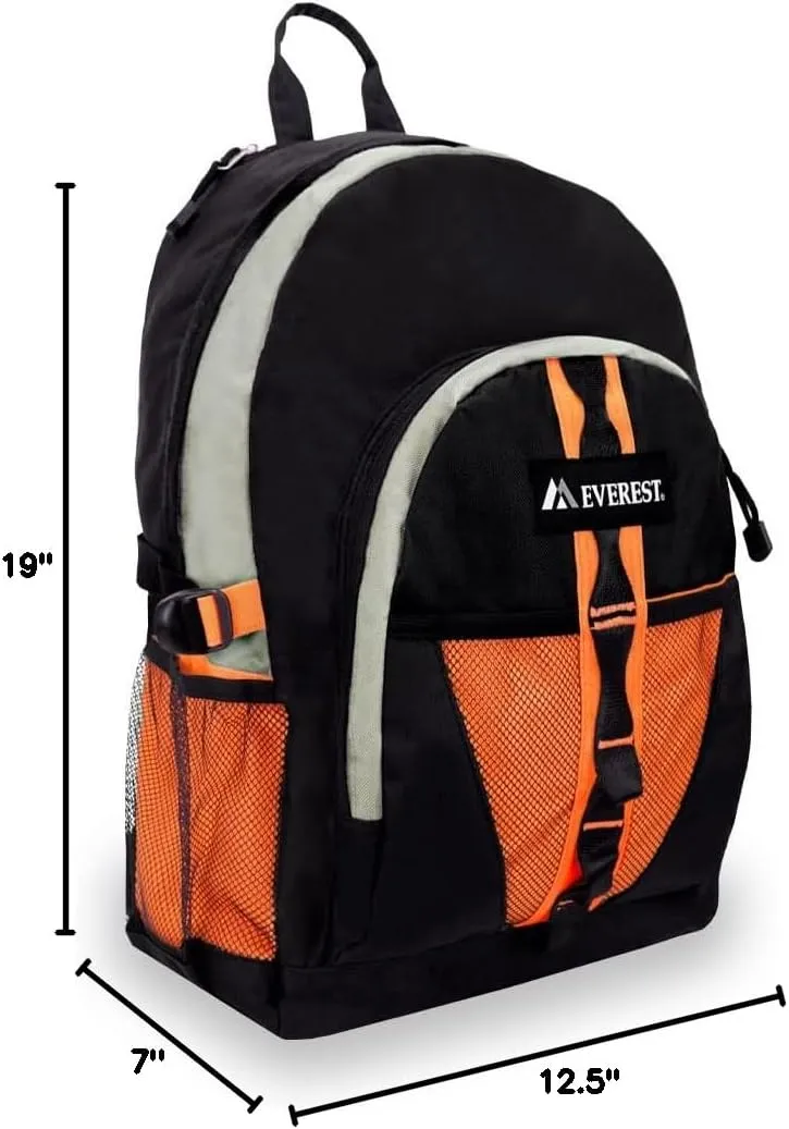 Everest Luggage Backpack with Dual Mesh Pocket, Orange/Gray/Black, Orange/Gray/Black, One Size