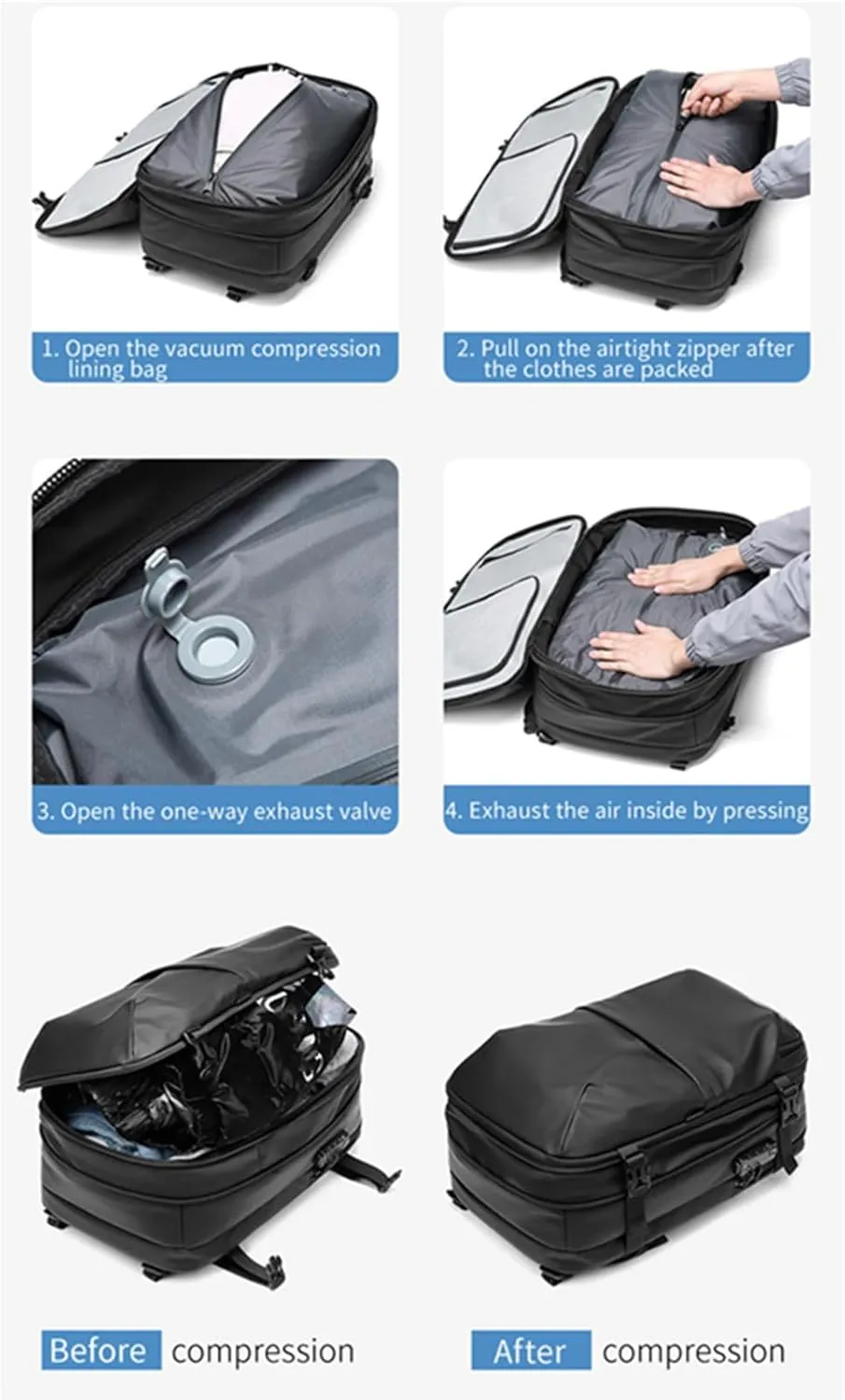 Expandable Large Capacity Backpack with Vacuum Compression,60l Multifunctional Outdoors Waterproof Hiking Travel Bag, Blue