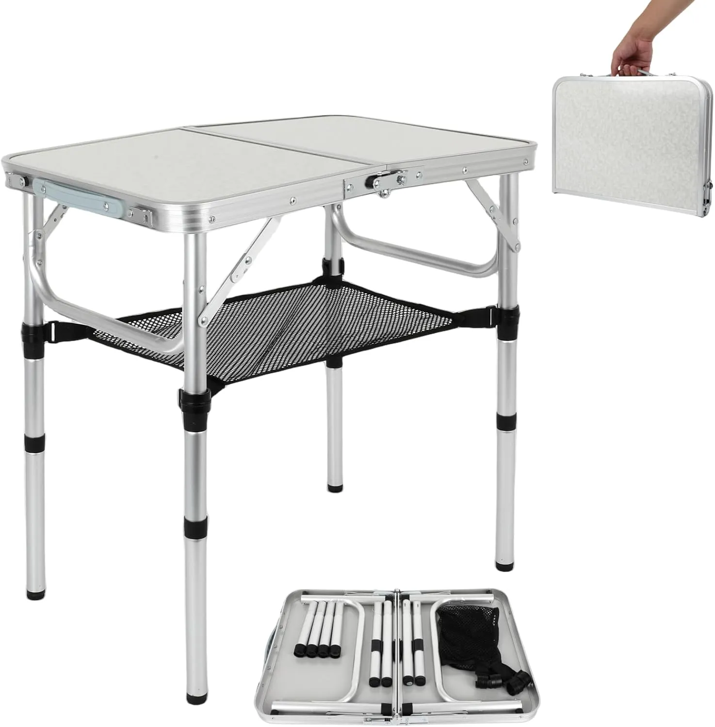FAHKNS Small Folding Table with Mesh Layer,Portable Card Table with Carry Handle,Lightweight Aluminum Adjustable Height for Outdoor Camp Picnic Beach BBQ Cooking (3 Heights)