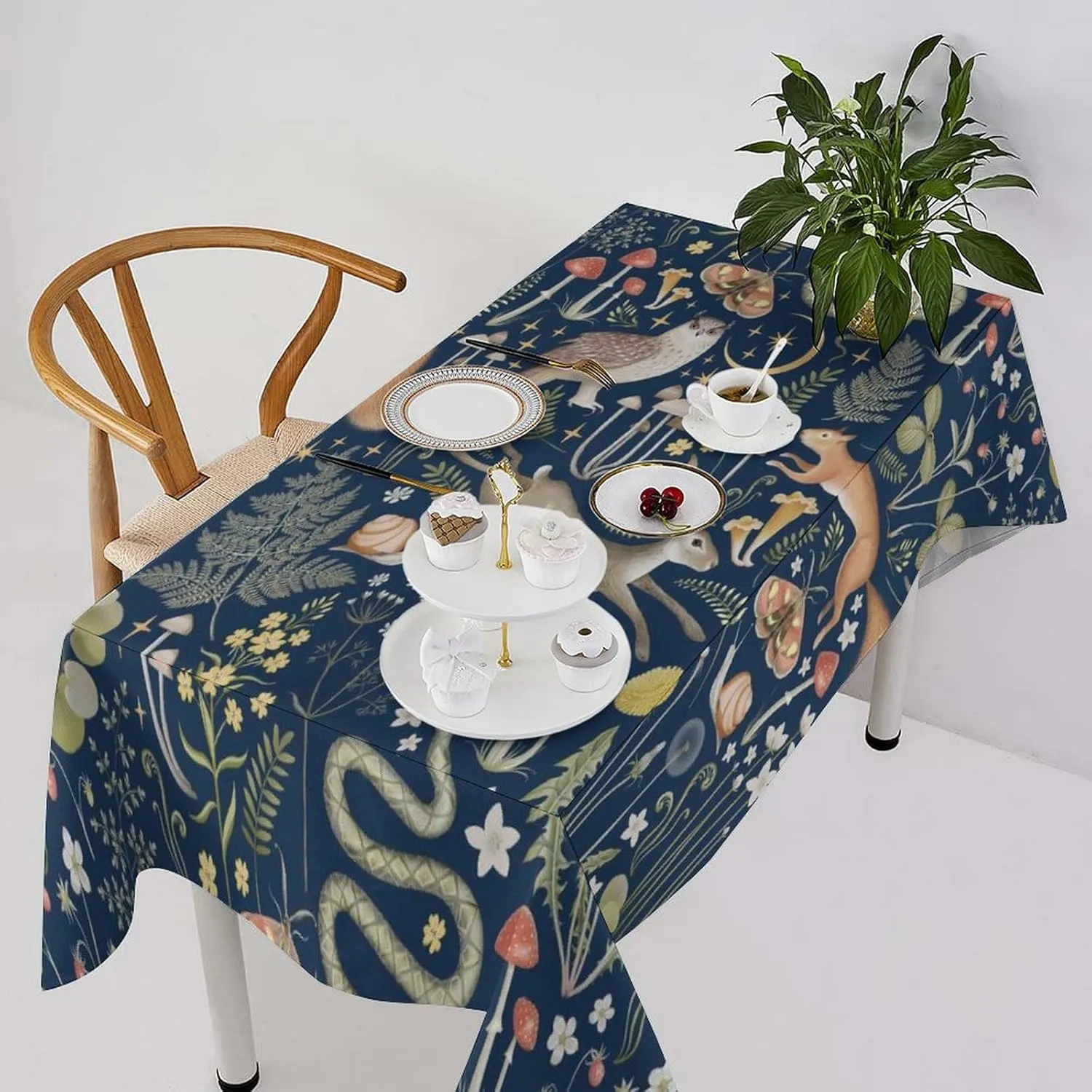 Fairy Forest Tablecloth, Retro Dark Blue Woodland Wildlife Owl Squirrel Print Rustic Flowers Mushrooms Table Cloth for Outdoor Picnic Home Dining Kitchen Table Decor 55x75in