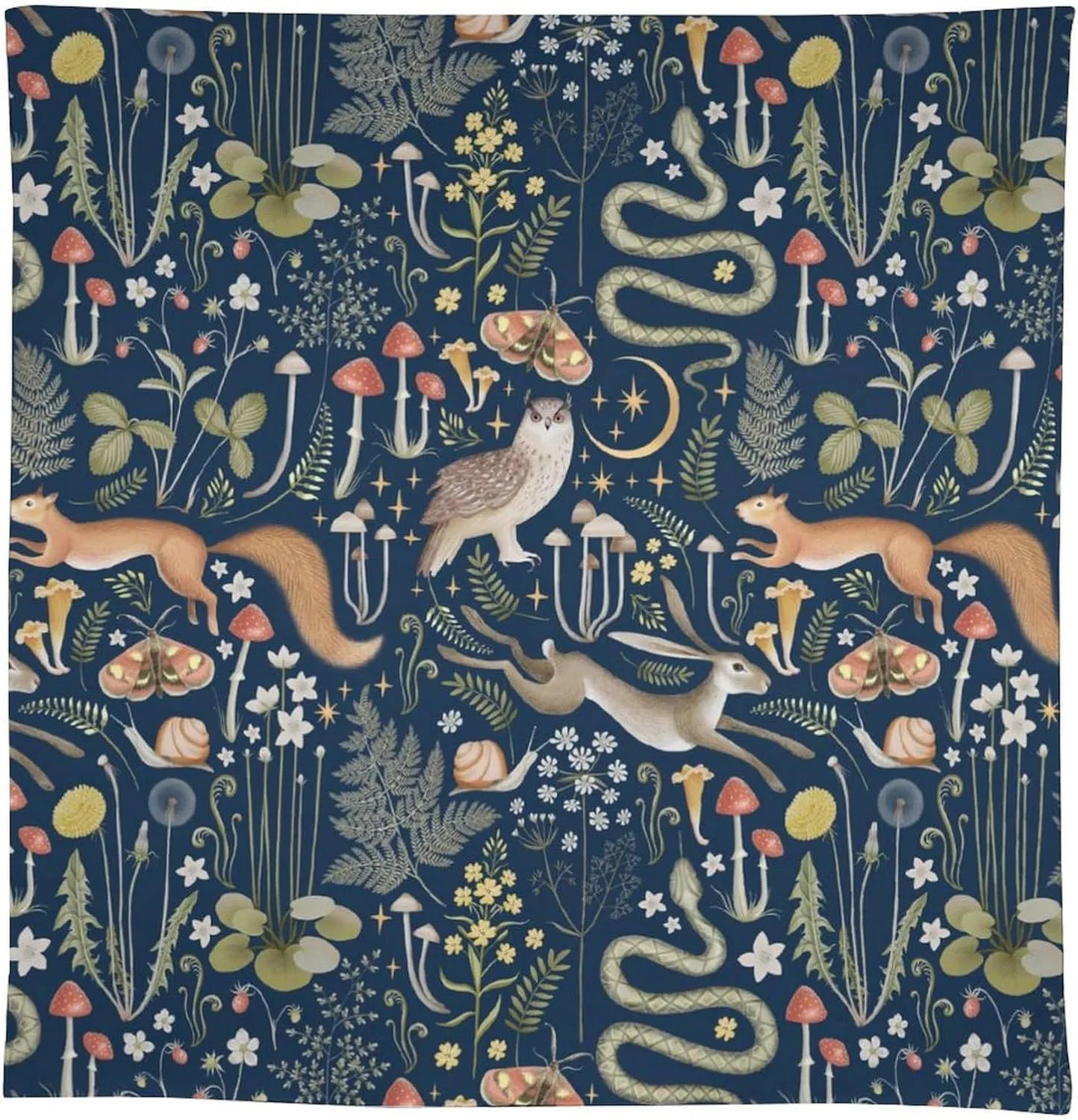 Fairy Forest Tablecloth, Retro Dark Blue Woodland Wildlife Owl Squirrel Print Rustic Flowers Mushrooms Table Cloth for Outdoor Picnic Home Dining Kitchen Table Decor 55x75in