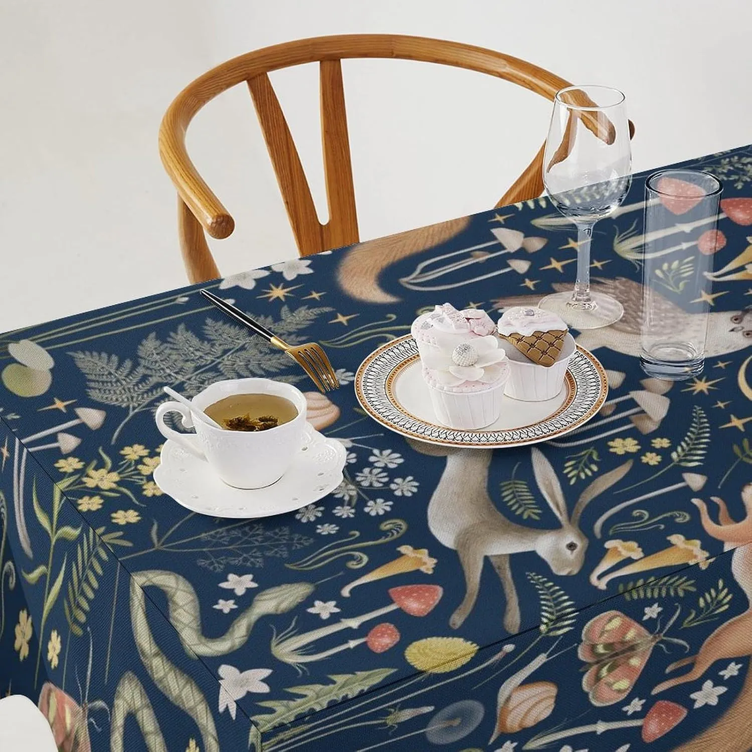 Fairy Forest Tablecloth, Retro Dark Blue Woodland Wildlife Owl Squirrel Print Rustic Flowers Mushrooms Table Cloth for Outdoor Picnic Home Dining Kitchen Table Decor 55x75in