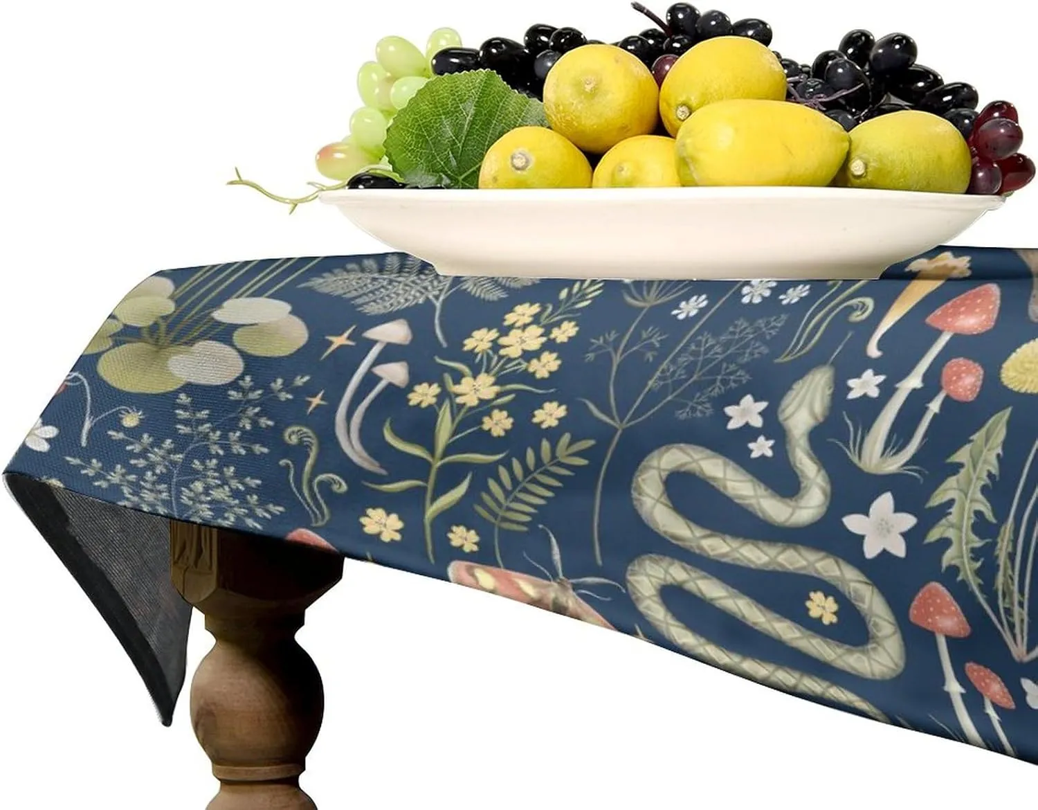 Fairy Forest Tablecloth, Retro Dark Blue Woodland Wildlife Owl Squirrel Print Rustic Flowers Mushrooms Table Cloth for Outdoor Picnic Home Dining Kitchen Table Decor 55x75in