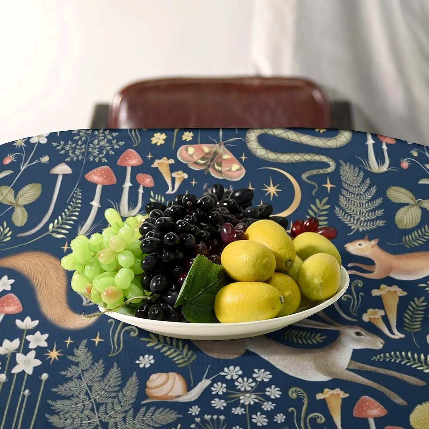 Fairy Forest Tablecloth, Retro Dark Blue Woodland Wildlife Owl Squirrel Print Rustic Flowers Mushrooms Table Cloth for Outdoor Picnic Home Dining Kitchen Table Decor 55x75in