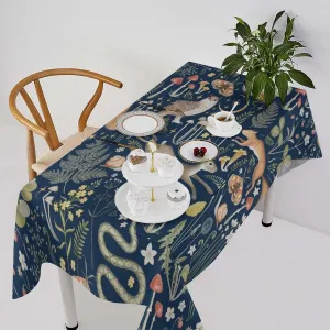 Fairy Forest Tablecloth, Retro Dark Blue Woodland Wildlife Owl Squirrel Print Rustic Flowers Mushrooms Table Cloth for Outdoor Picnic Home Dining Kitchen Table Decor 55x75in