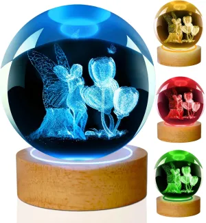 Fairy Lamp, 3.15in 16 Colors Crystal Ball Night Light with Wooden Base and Remote Control, Birthday Gift and Fairy Gifts for Women Men Kids (elf)