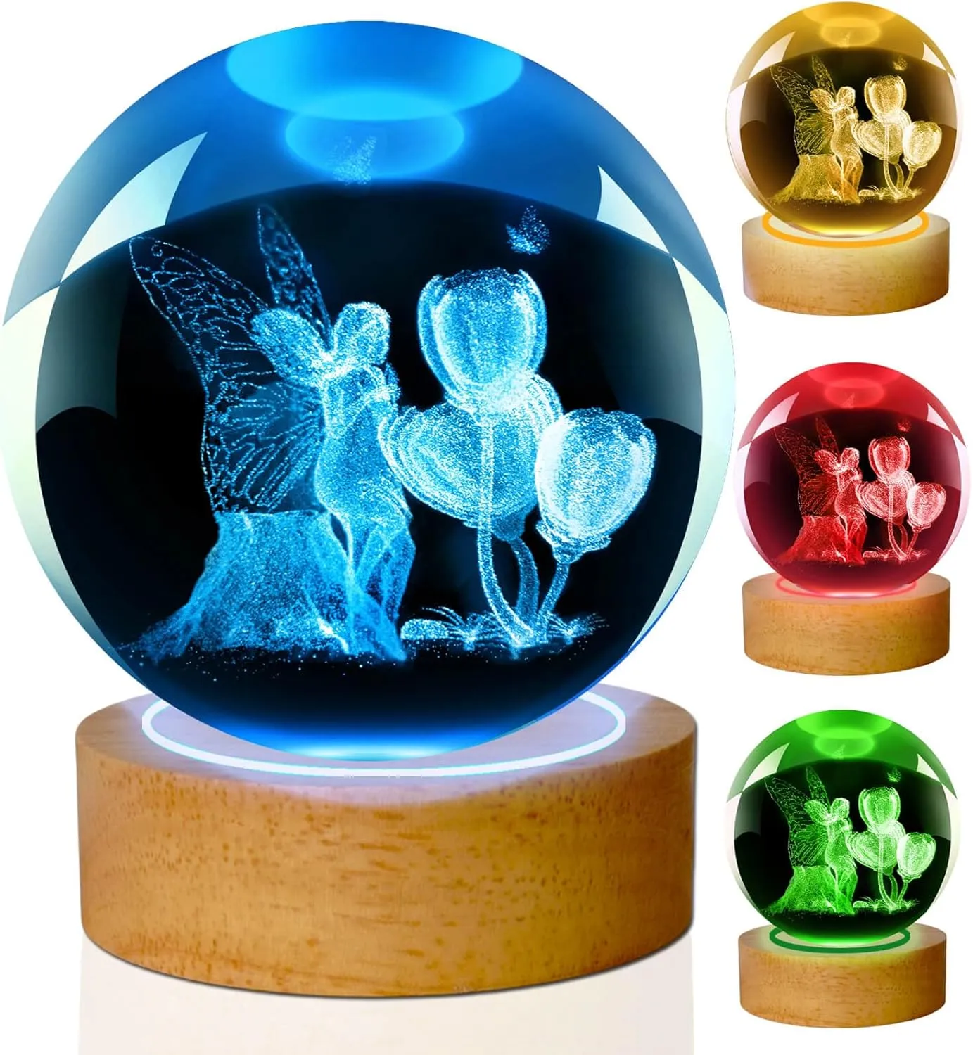 Fairy Lamp, 3.15in 16 Colors Crystal Ball Night Light with Wooden Base and Remote Control, Birthday Gift and Fairy Gifts for Women Men Kids (elf)