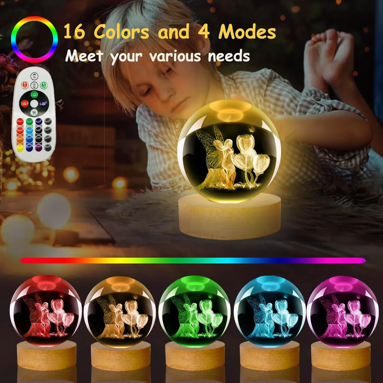 Fairy Lamp, 3.15in 16 Colors Crystal Ball Night Light with Wooden Base and Remote Control, Birthday Gift and Fairy Gifts for Women Men Kids (elf)