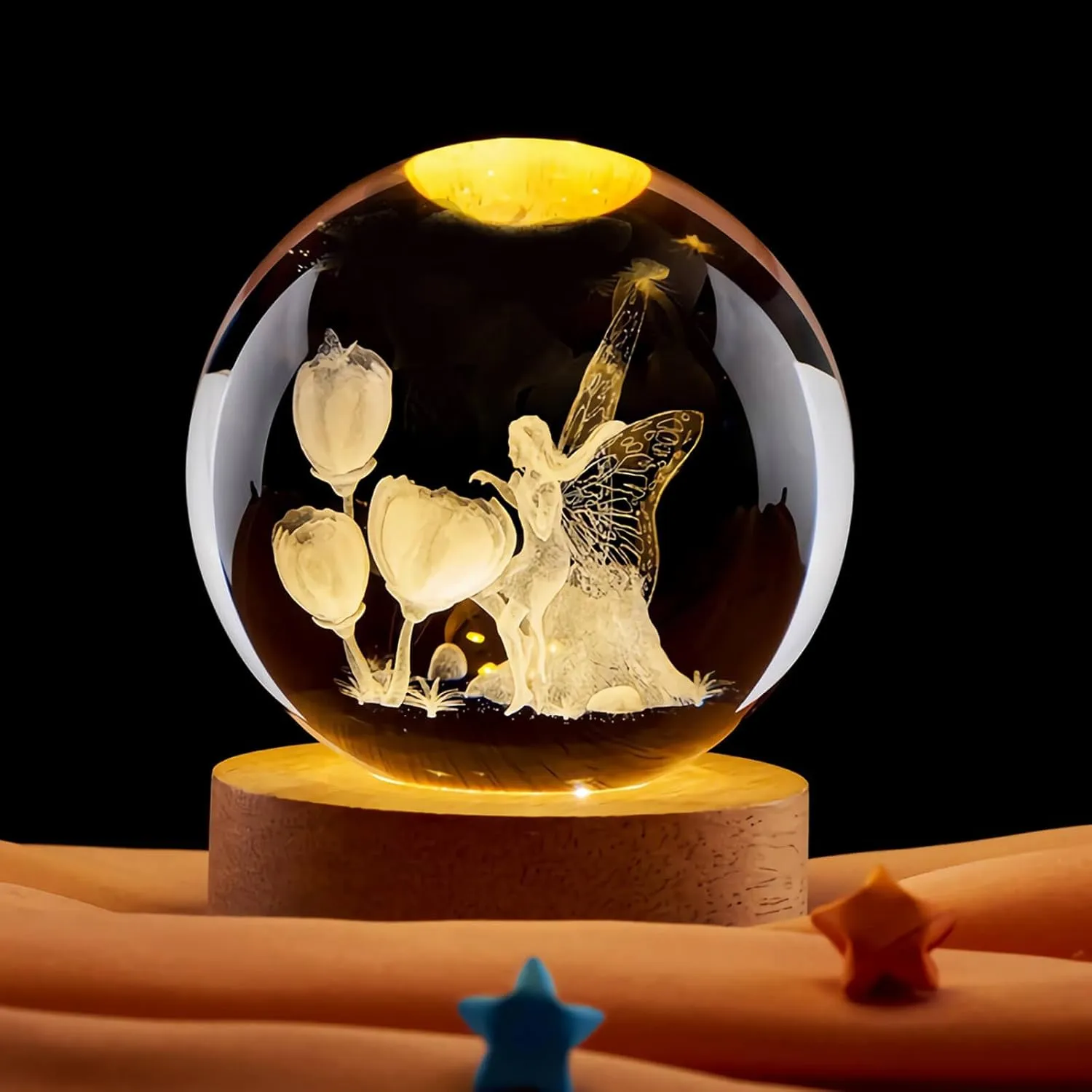 Fairy Lamp, 3.15in 16 Colors Crystal Ball Night Light with Wooden Base and Remote Control, Birthday Gift and Fairy Gifts for Women Men Kids (elf)