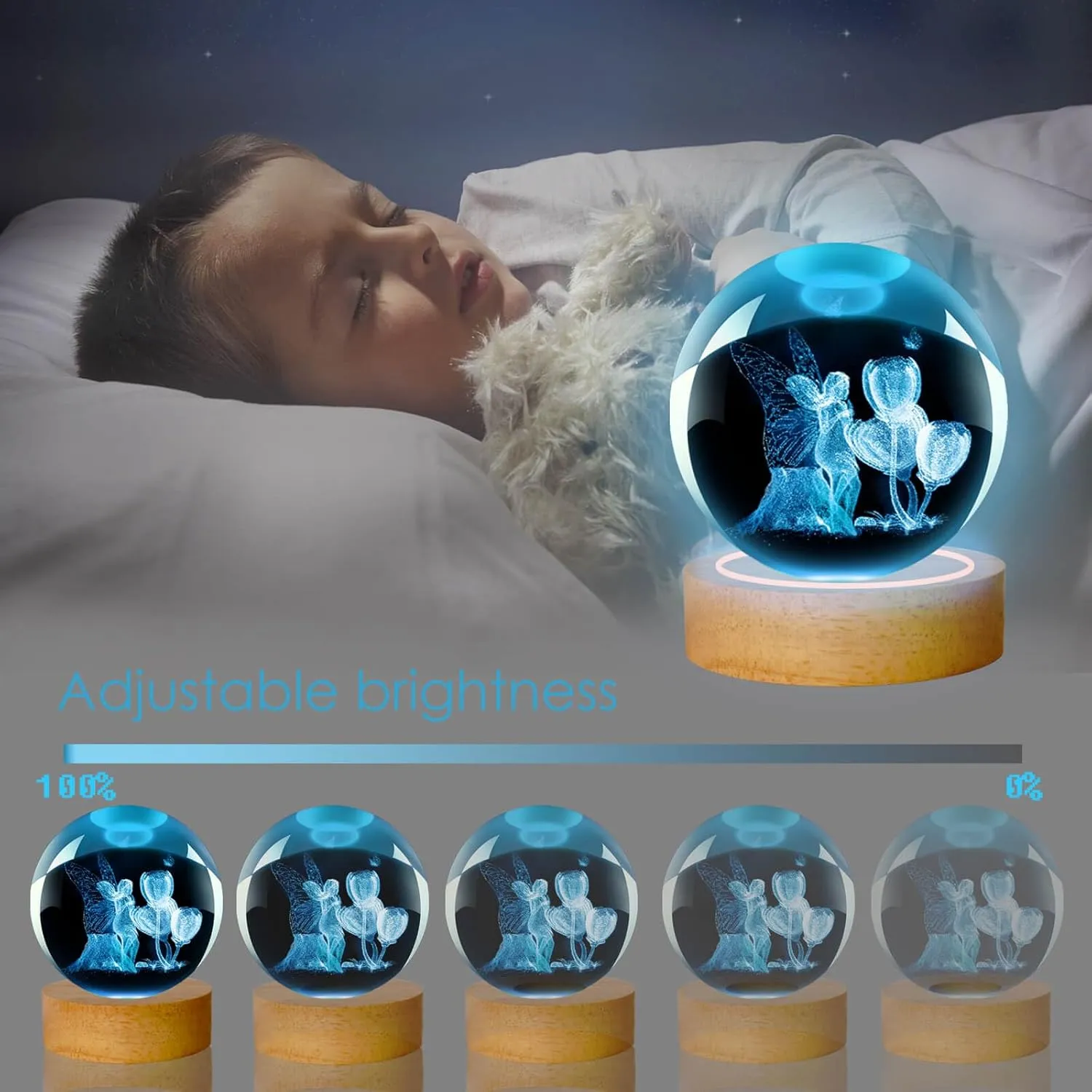 Fairy Lamp, 3.15in 16 Colors Crystal Ball Night Light with Wooden Base and Remote Control, Birthday Gift and Fairy Gifts for Women Men Kids (elf)