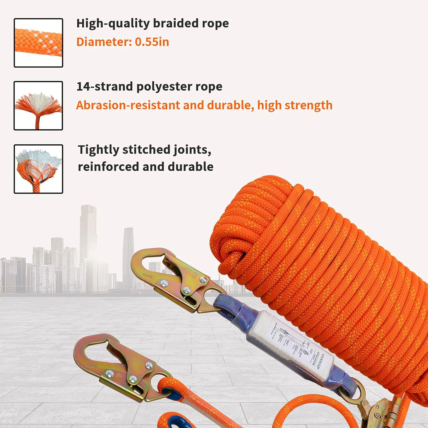 Fall Protection Safety Rope 50ft Heavy Duty Vertical Roofing Grab Snap Hook Shock Absorber Fall Protection Line Kit Restraint System Roofing Safety Equipment (50FT)