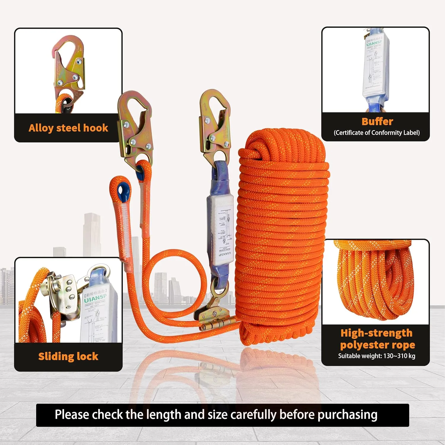 Fall Protection Safety Rope 50ft Heavy Duty Vertical Roofing Grab Snap Hook Shock Absorber Fall Protection Line Kit Restraint System Roofing Safety Equipment (50FT)