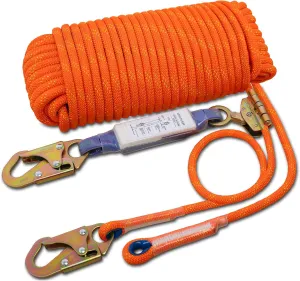 Fall Protection Safety Rope 50ft Heavy Duty Vertical Roofing Grab Snap Hook Shock Absorber Fall Protection Line Kit Restraint System Roofing Safety Equipment (50FT)