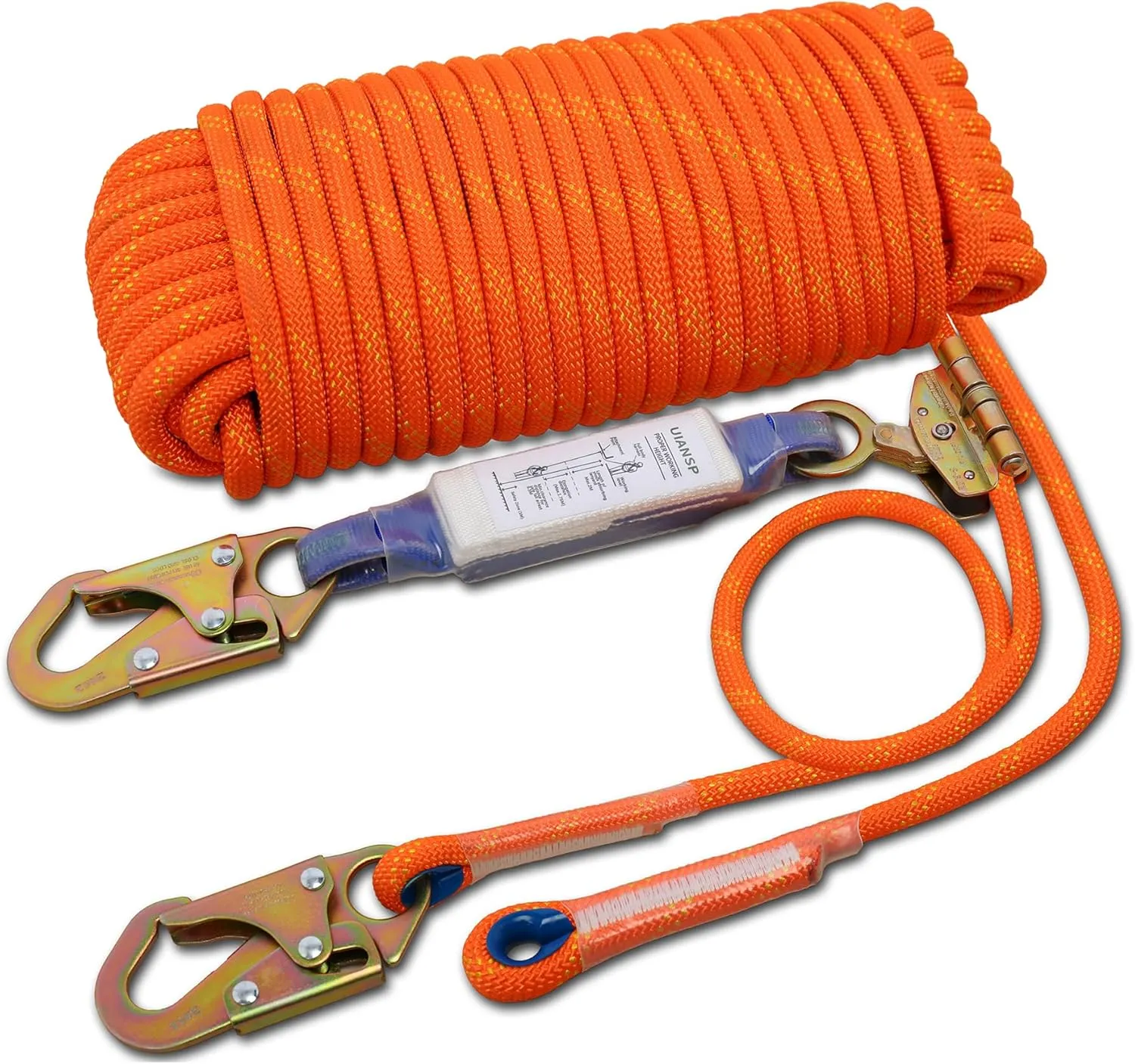 Fall Protection Safety Rope 50ft Heavy Duty Vertical Roofing Grab Snap Hook Shock Absorber Fall Protection Line Kit Restraint System Roofing Safety Equipment (50FT)