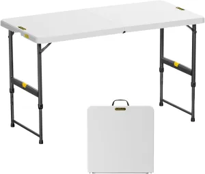 FanttikOutdoor 4ft Portable Folding Table, One-Handed Height Adjustment, 4 Heights, Gravity Lock, Carry Handle, Indoor Outdoor Heavy Duty Fold-in-Half Utility Table, Party, Granite White Zeta X4 Pro