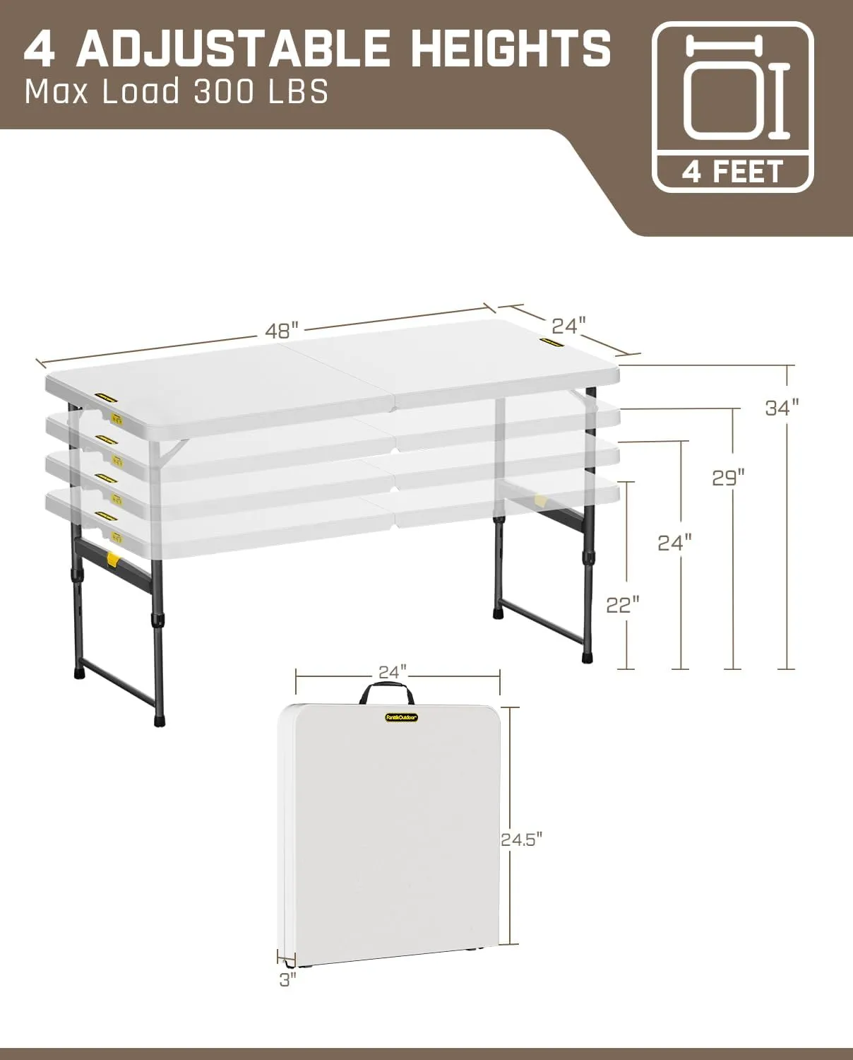 FanttikOutdoor 4ft Portable Folding Table, One-Handed Height Adjustment, 4 Heights, Gravity Lock, Carry Handle, Indoor Outdoor Heavy Duty Fold-in-Half Utility Table, Party, Granite White Zeta X4 Pro
