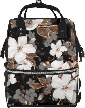 Fashion Diaper Bag Mummy Backpack White Flowers And Golden Elements Nappy Bag Large Capacity Baby Care Bags For Mom Dad