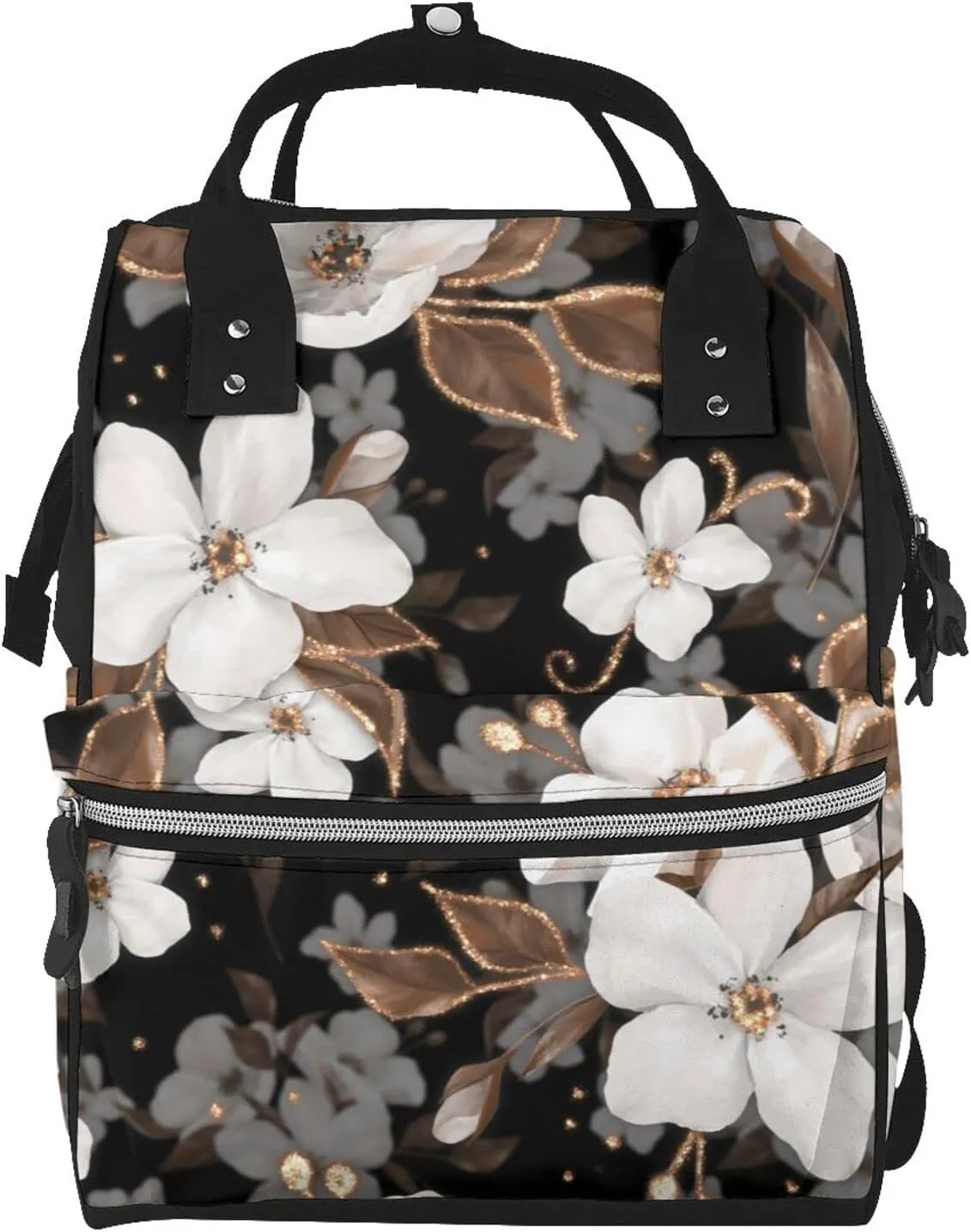 Fashion Diaper Bag Mummy Backpack White Flowers And Golden Elements Nappy Bag Large Capacity Baby Care Bags For Mom Dad