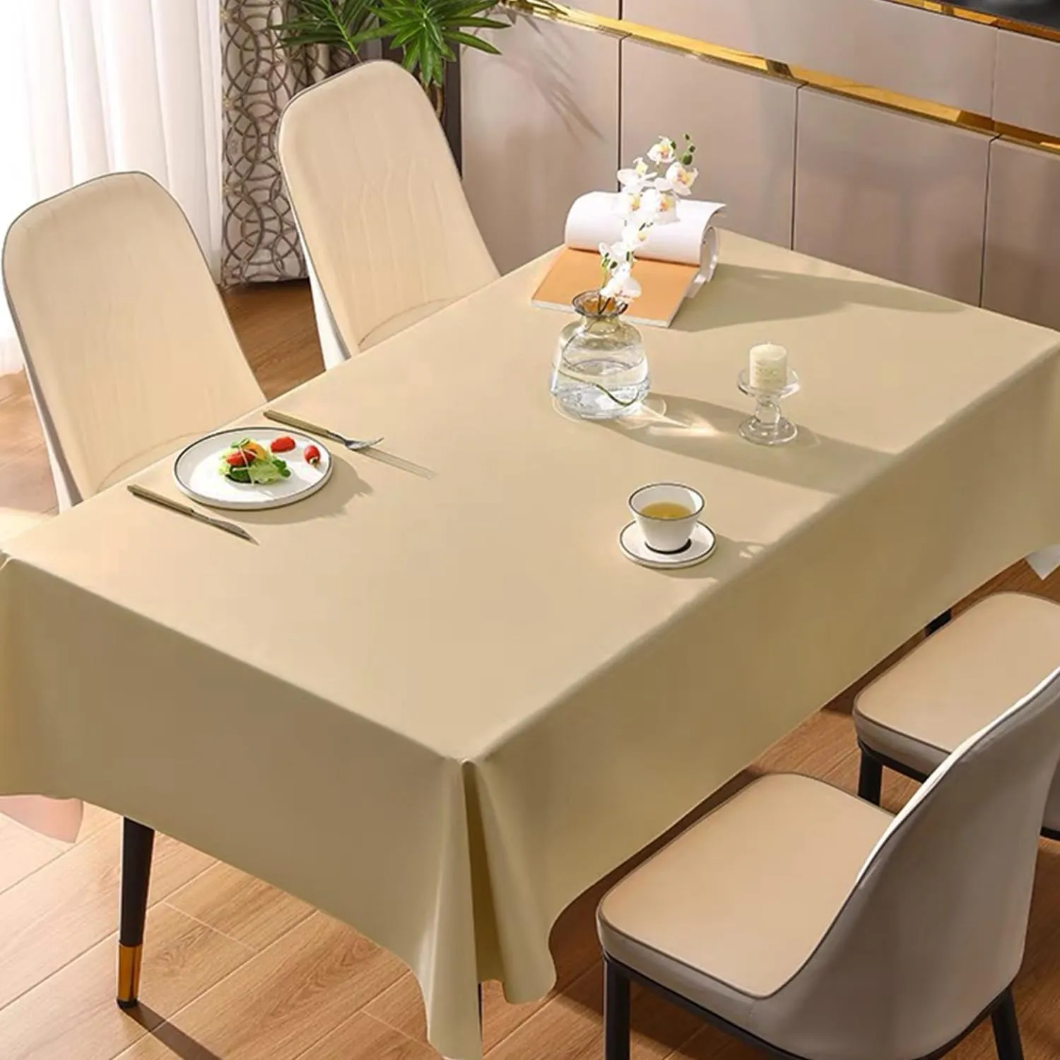 Faux Leather Rectangle Table Cloths Warm Tablecloth for Party, Camping, Picnic, Kitchen and Dining Room Table Decor (Almond, 87"X55")
