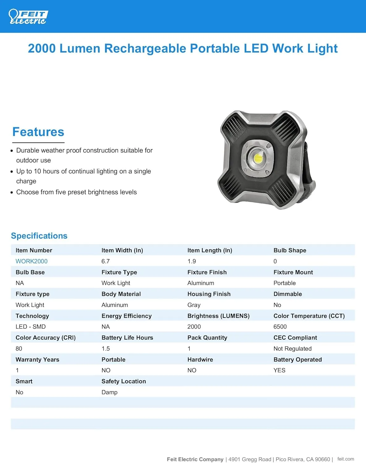 Feit Electric WORK2000 2000 Lumens Ultra Bright Rechargeable Portable LED Work Light