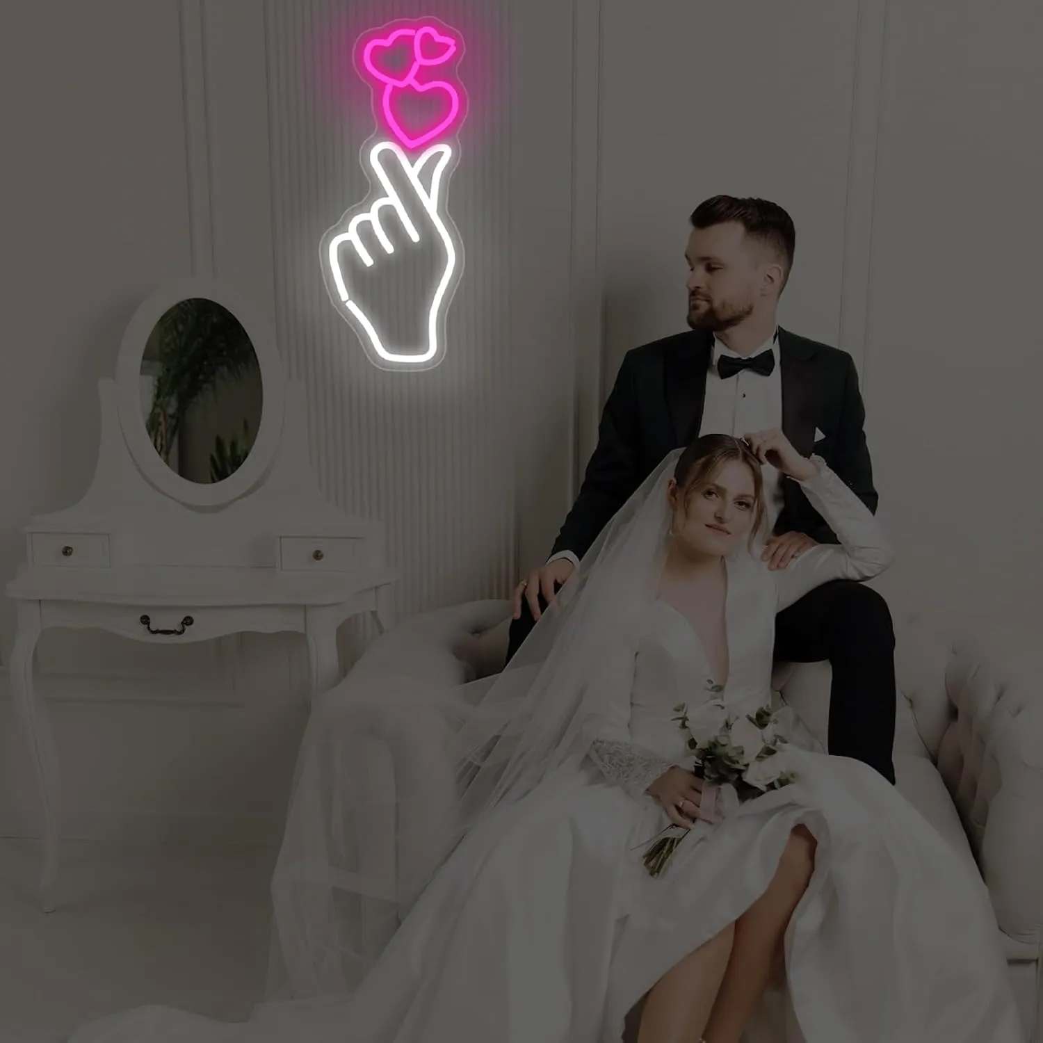Finger Heart Neon Sign for Wall, Hand Love Heart LED Neon Light for Valentines Day Gift, USB Powered Dimmable Neon Sign for Home, Party, Wedding, 17.7"x7.1"