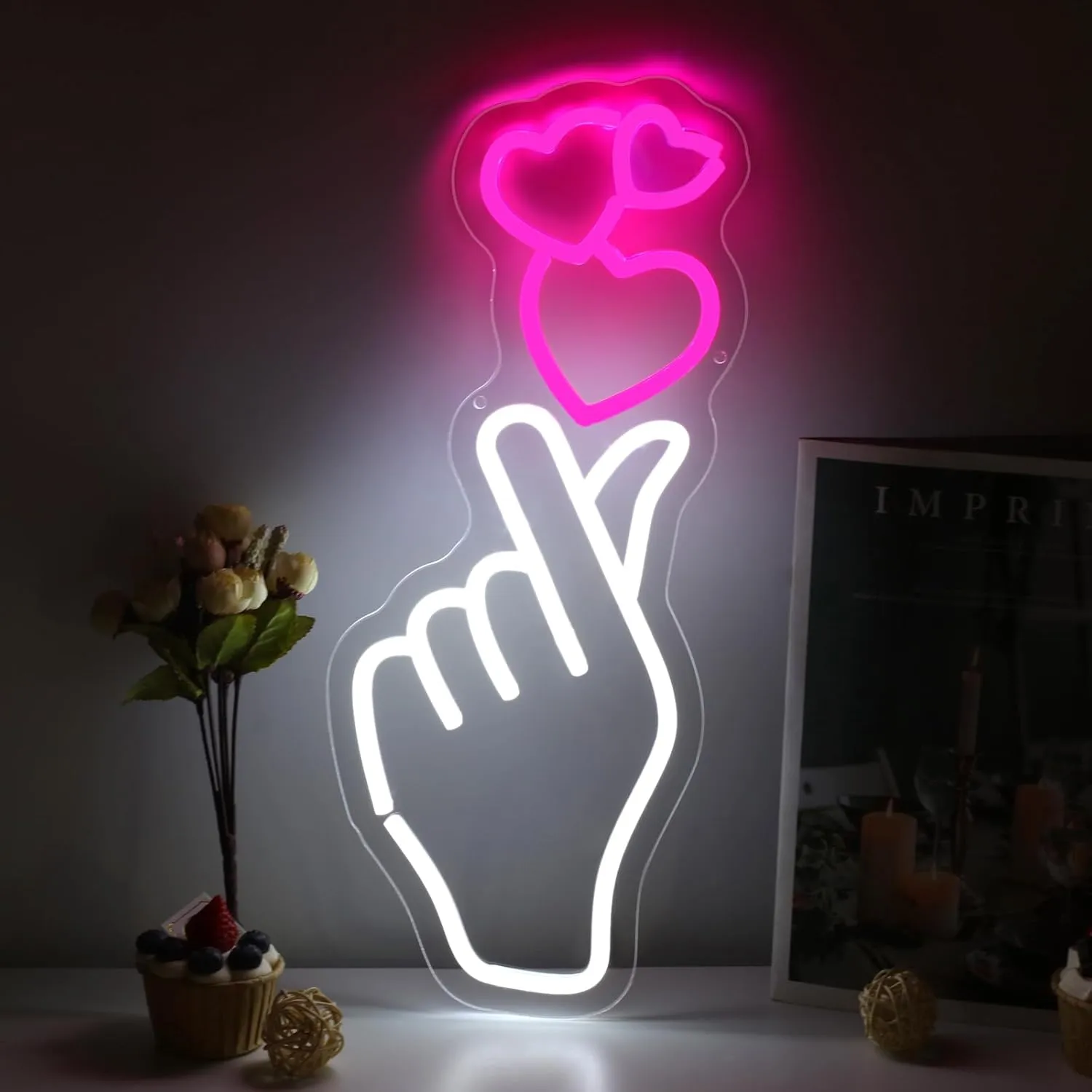 Finger Heart Neon Sign for Wall, Hand Love Heart LED Neon Light for Valentines Day Gift, USB Powered Dimmable Neon Sign for Home, Party, Wedding, 17.7"x7.1"