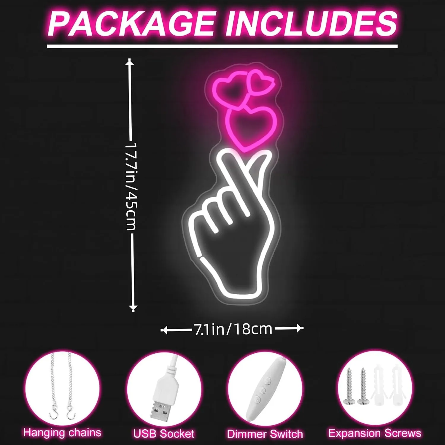 Finger Heart Neon Sign for Wall, Hand Love Heart LED Neon Light for Valentines Day Gift, USB Powered Dimmable Neon Sign for Home, Party, Wedding, 17.7"x7.1"