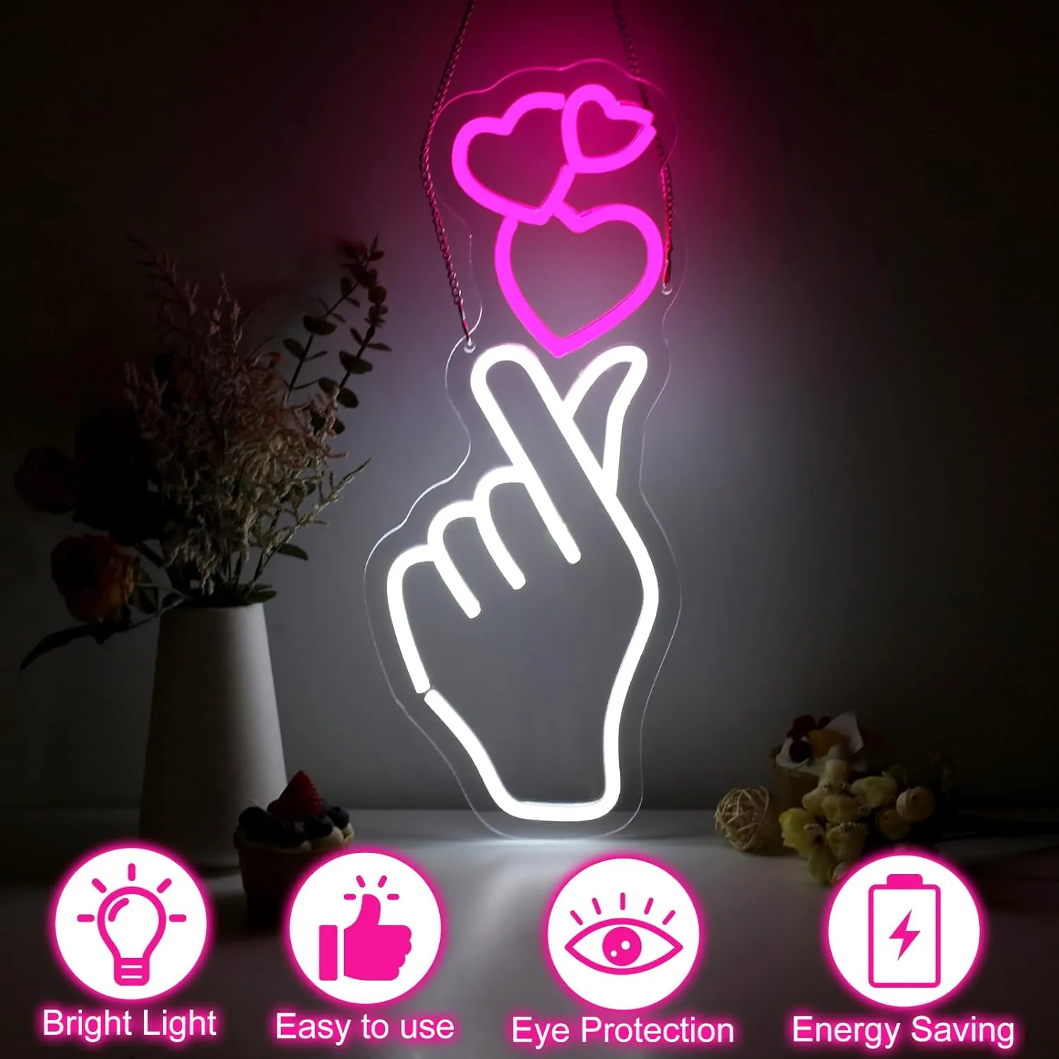 Finger Heart Neon Sign for Wall, Hand Love Heart LED Neon Light for Valentines Day Gift, USB Powered Dimmable Neon Sign for Home, Party, Wedding, 17.7"x7.1"