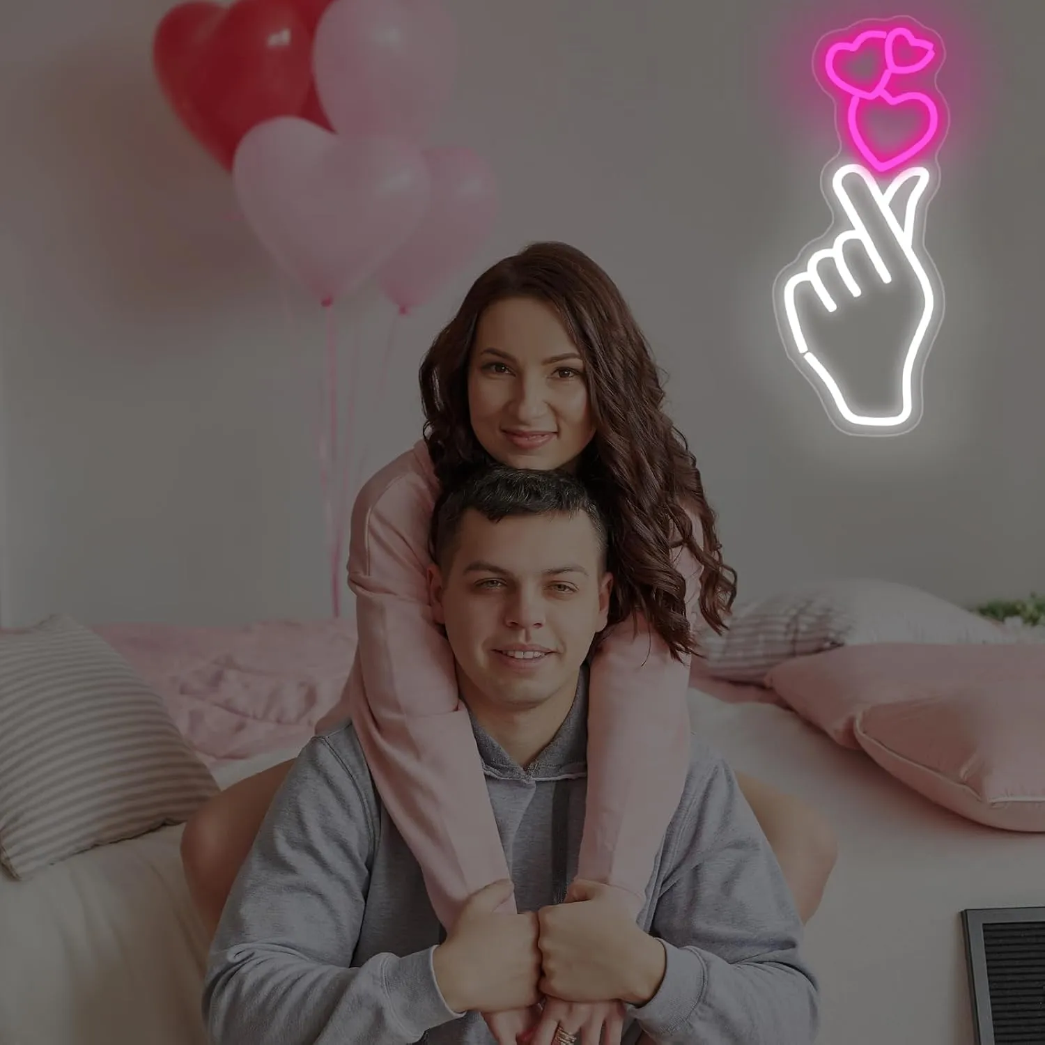 Finger Heart Neon Sign for Wall, Hand Love Heart LED Neon Light for Valentines Day Gift, USB Powered Dimmable Neon Sign for Home, Party, Wedding, 17.7"x7.1"
