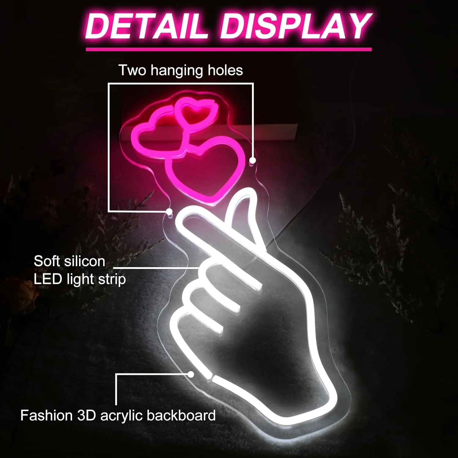 Finger Heart Neon Sign for Wall, Hand Love Heart LED Neon Light for Valentines Day Gift, USB Powered Dimmable Neon Sign for Home, Party, Wedding, 17.7"x7.1"
