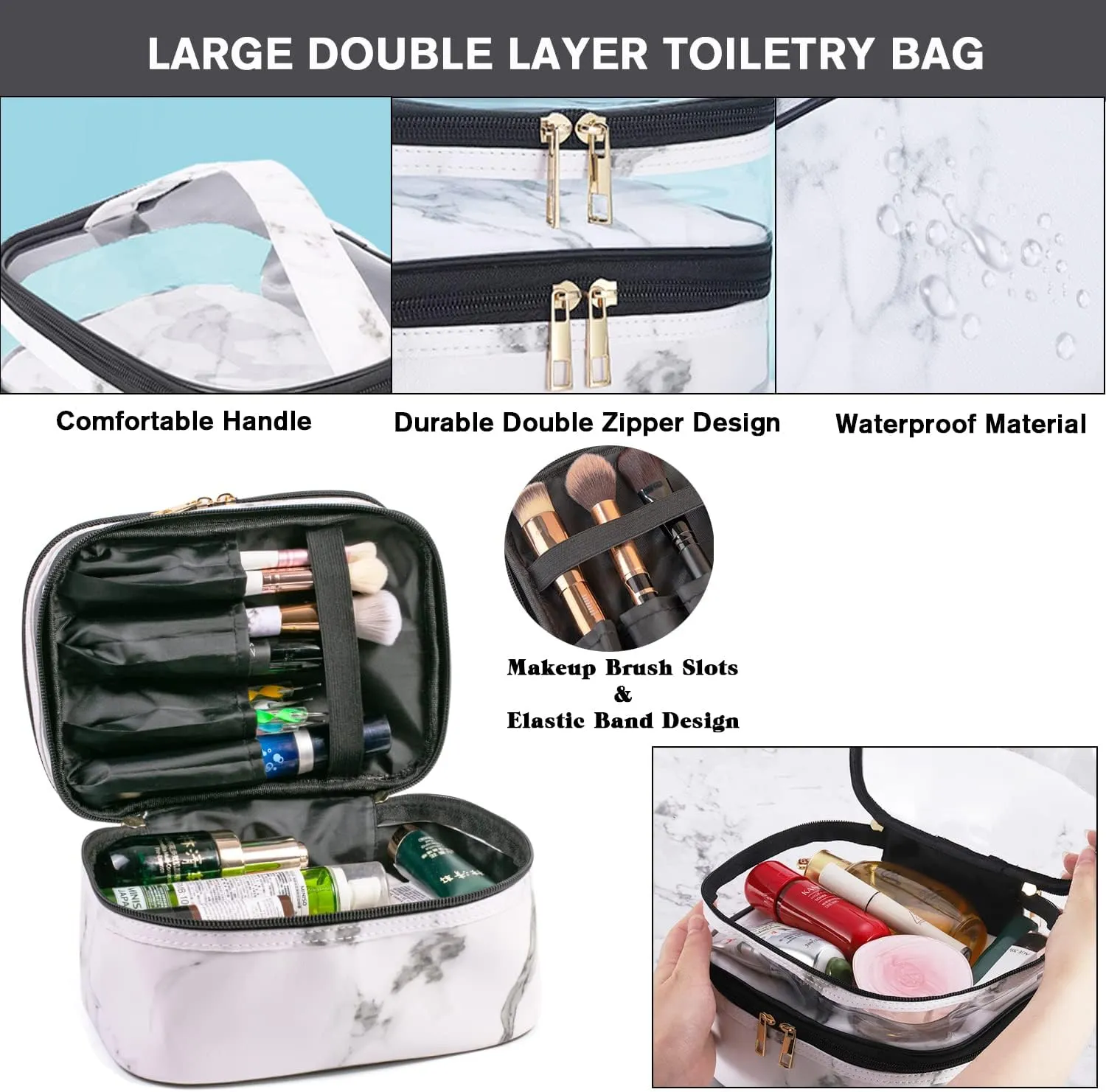 FITINI 3 Pieces Makeup Bags Double Layer Travel Large Cosmetic Cases Organizer Toiletry Bags Waterproof Small Zipper Pouch for Women Makeup Brush Storage Bag,Black Marble
