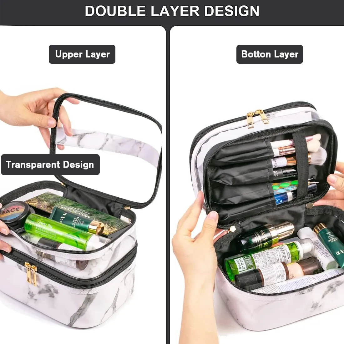 FITINI 3 Pieces Makeup Bags Double Layer Travel Large Cosmetic Cases Organizer Toiletry Bags Waterproof Small Zipper Pouch for Women Makeup Brush Storage Bag,Black Marble