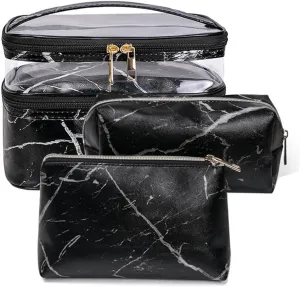 FITINI 3 Pieces Makeup Bags Double Layer Travel Large Cosmetic Cases Organizer Toiletry Bags Waterproof Small Zipper Pouch for Women Makeup Brush Storage Bag,Black Marble
