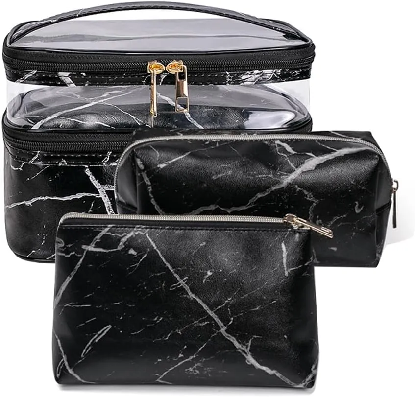 FITINI 3 Pieces Makeup Bags Double Layer Travel Large Cosmetic Cases Organizer Toiletry Bags Waterproof Small Zipper Pouch for Women Makeup Brush Storage Bag,Black Marble